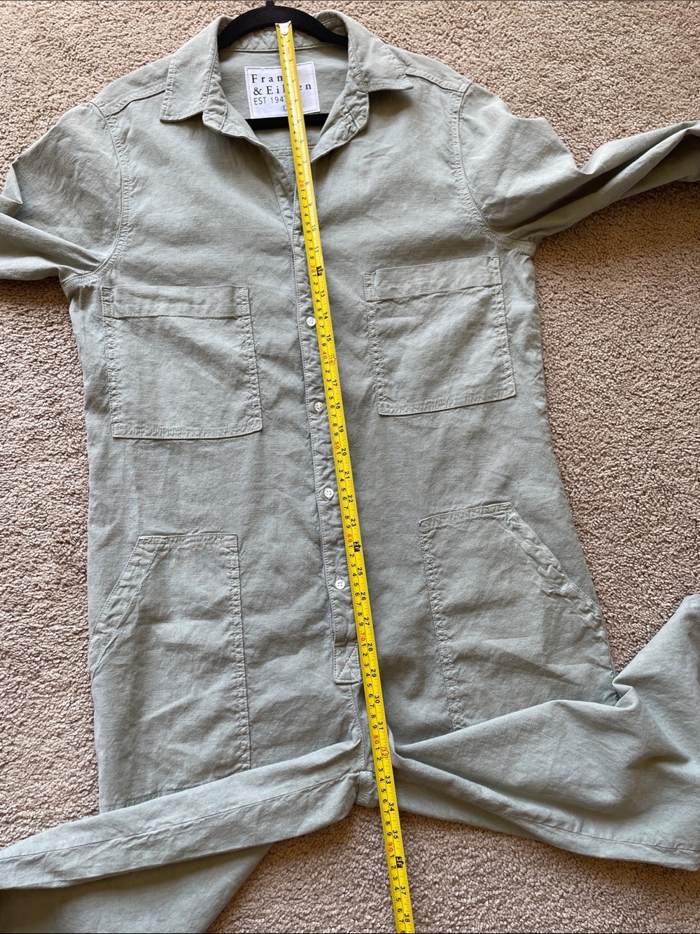 Frank & Eileen Northern Ireland Sage Green Utility Jumpsuit L Flax USA Boho - Picture 12 of 15